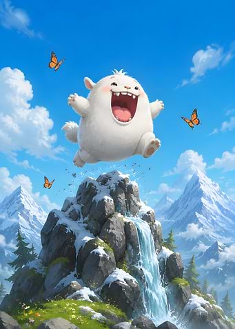 Joyful creature jumping over waterfall
