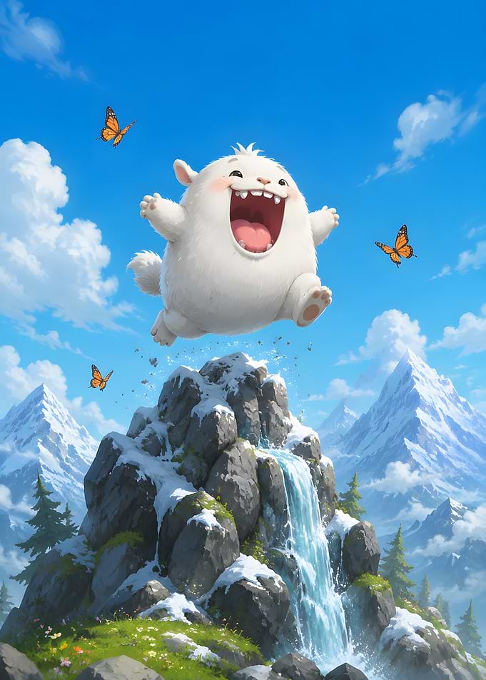 Joyful creature jumping over waterfall