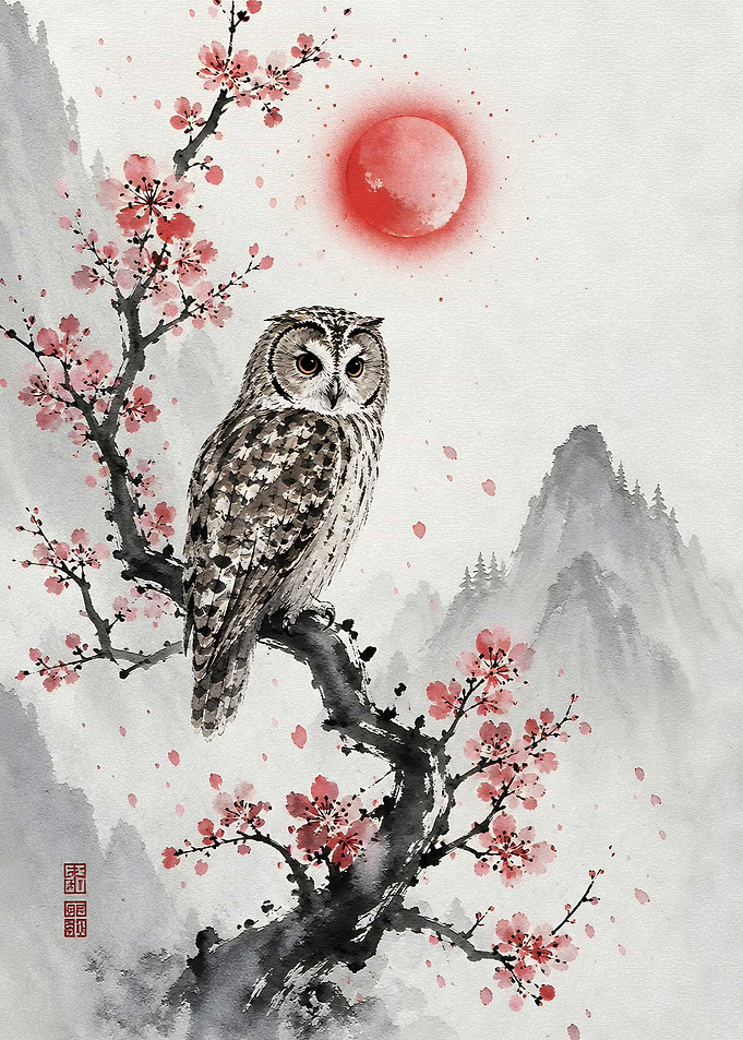 Owl on Cherry Blossom Branch