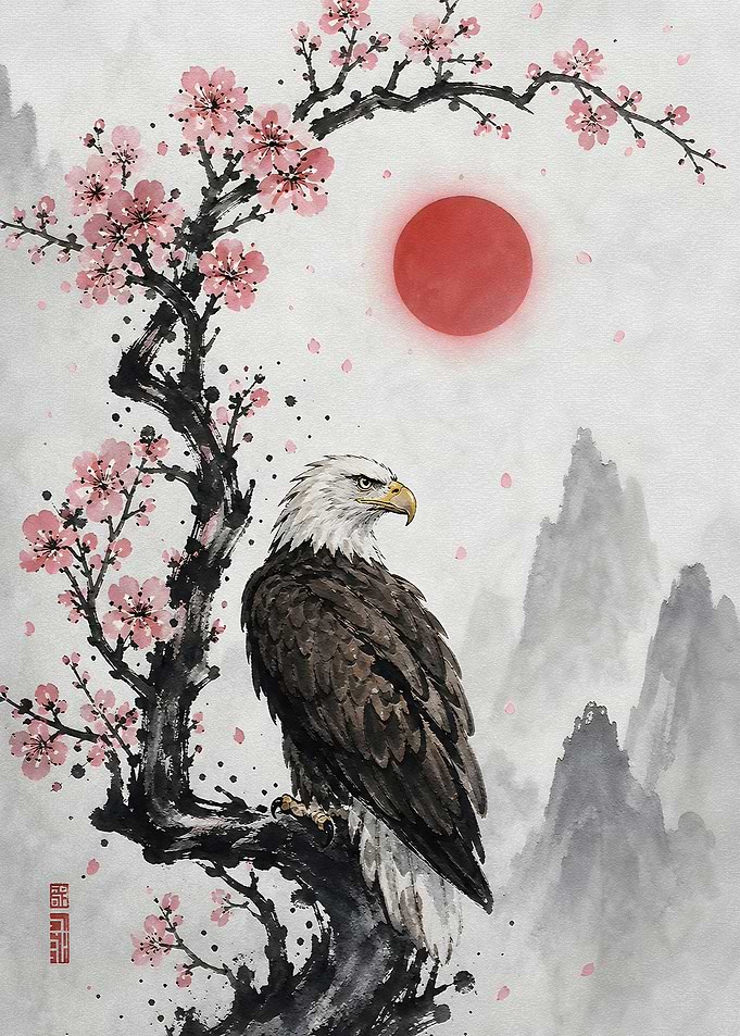 Eagle on Cherry Blossom Branch