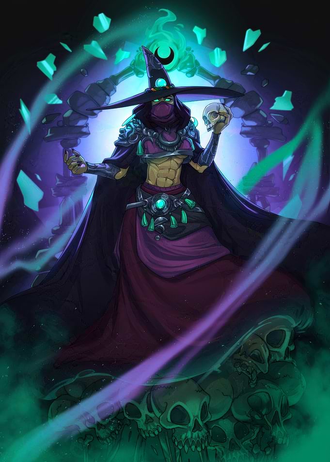 Witch holding a skull with mystical background