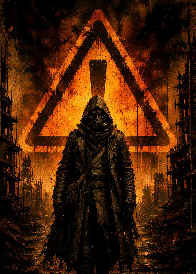 Post-apocalyptic figure with hazard symbol
