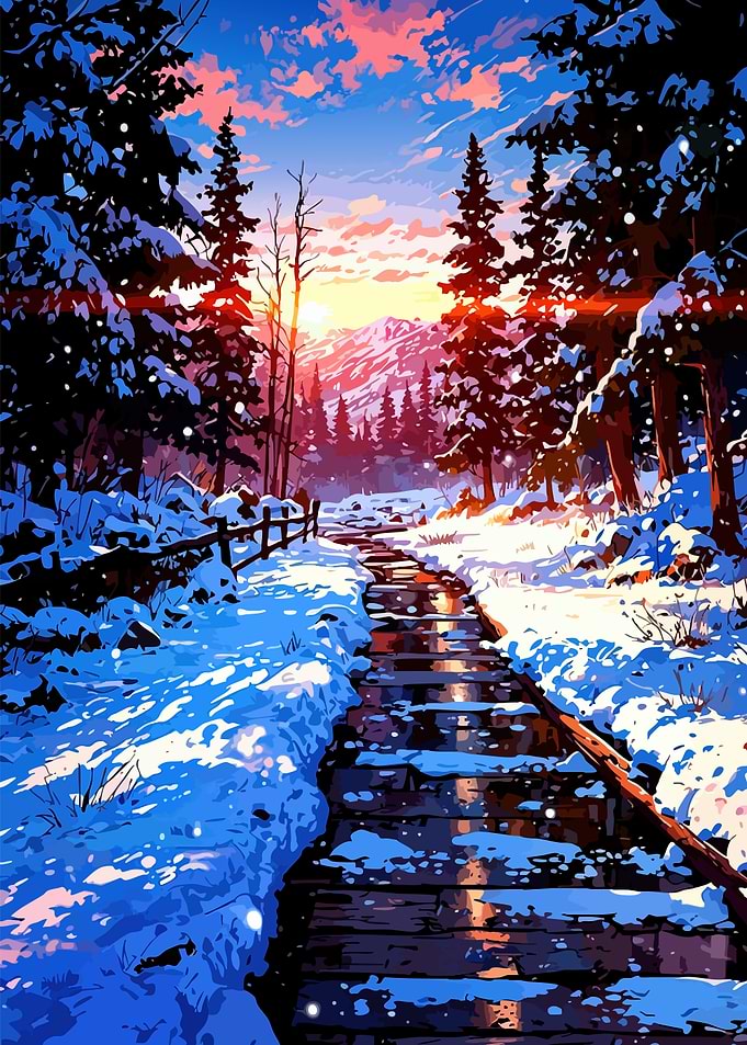 Winter Sunset Over Snowy Forest Stream