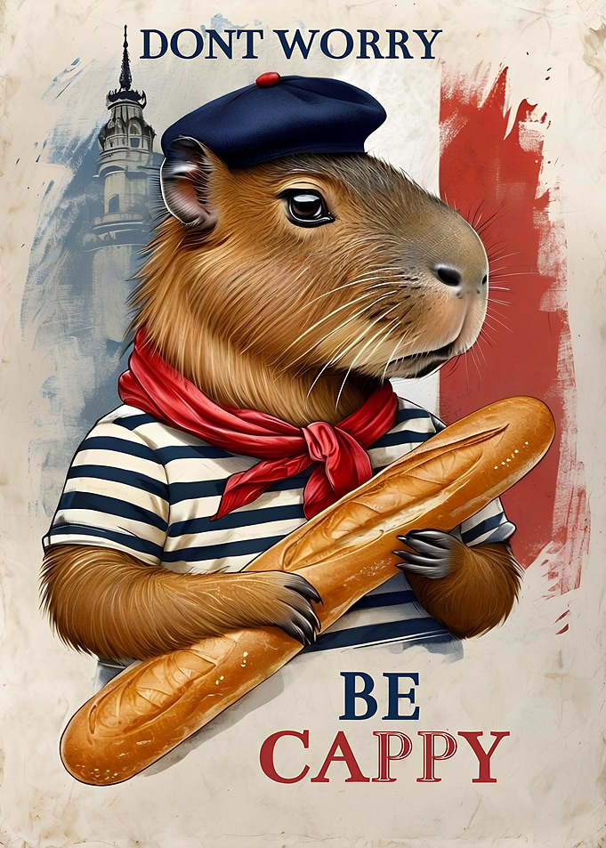 Capybara in French Attire with Baguette France