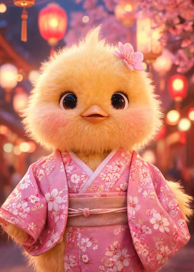 Cute Chick in Kimono with Cherry Blossoms