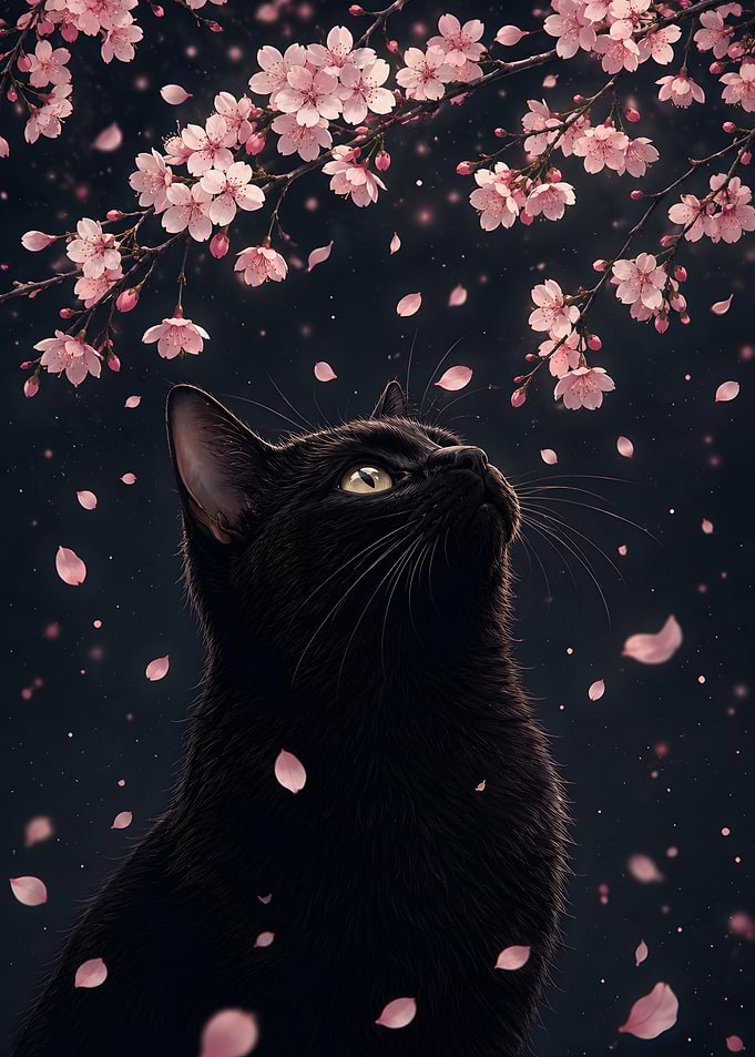 Black Cat Under Cherry Blossoms