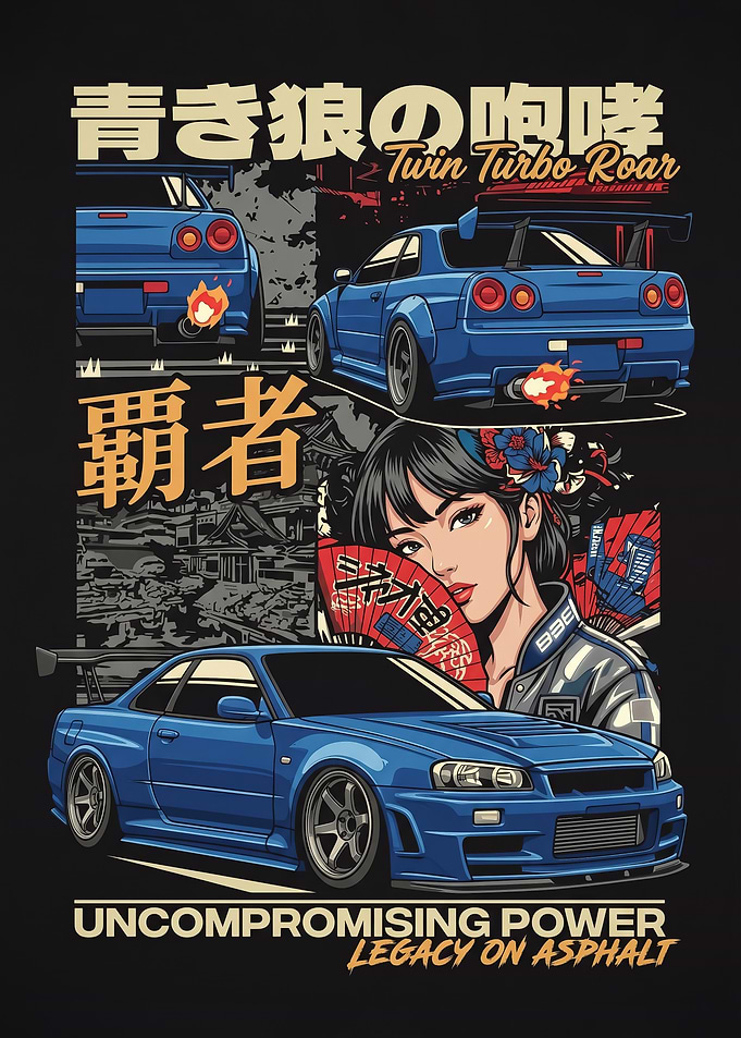 Blue Nissan Skyline GT-R with Japanese Woman