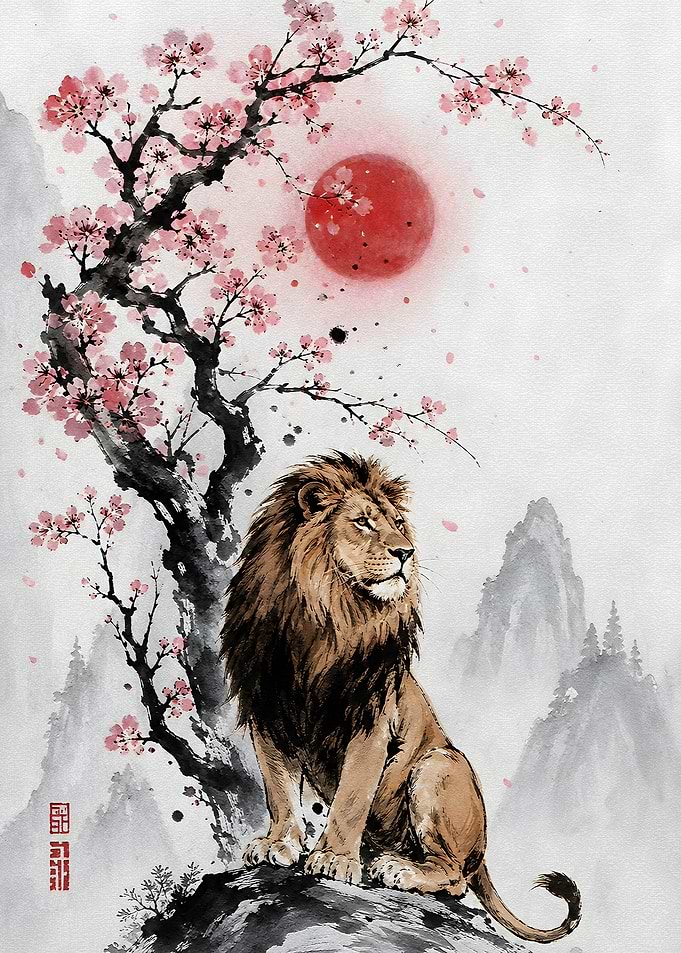 Lion Under Cherry Blossoms with Red Sun