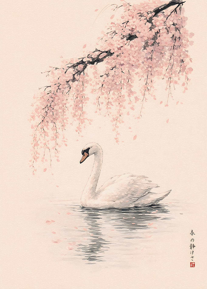 Swan and Cherry Blossoms