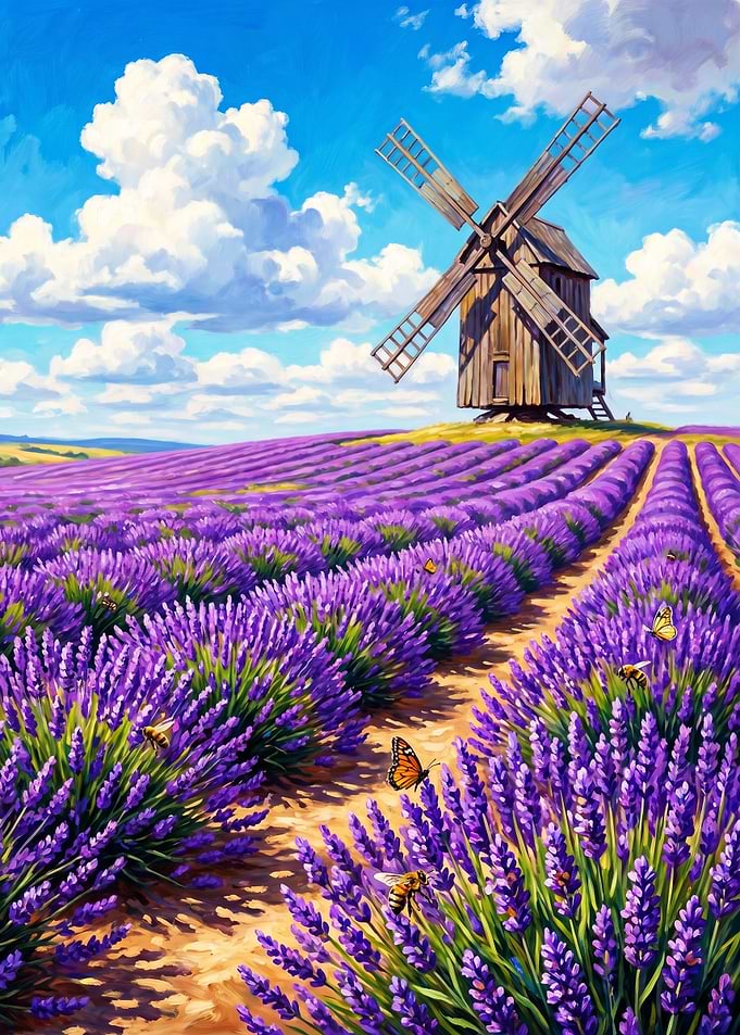 Lavender Field with Windmill and Butterflies