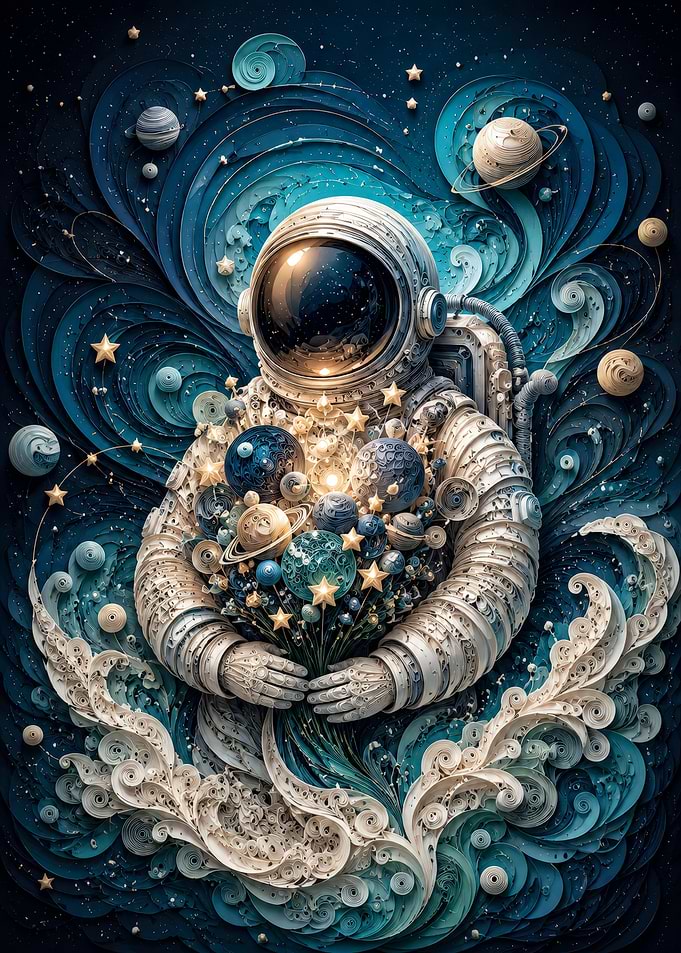 Astronaut Holding a Bouquet of Planets
