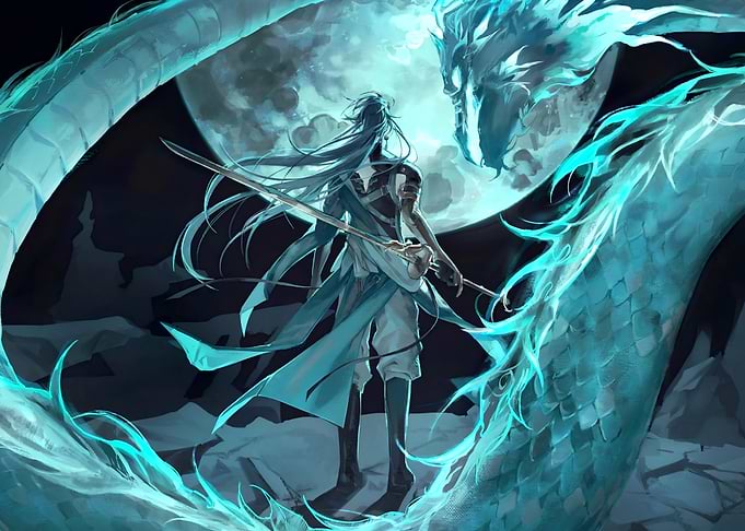 Man and Dragon Under the Moon