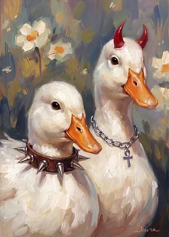 Devil Duck Couple with Flowers