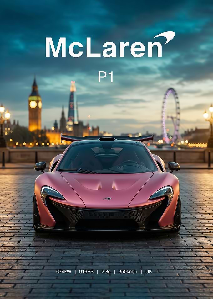 sleek pink McLaren P1 in London car poster