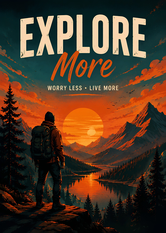 Retro Mountain Sunset Poster, Adventure Landscape Wall Art, Explorer Hiker Vintage Nature Print