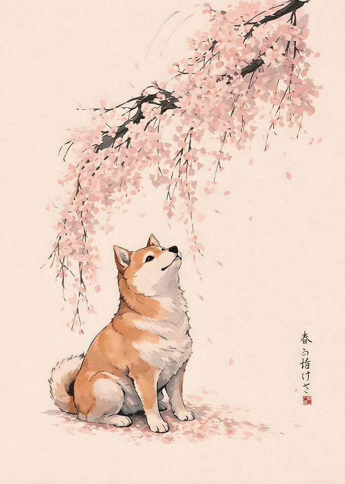 Shiba Inu Under Cherry Blossoms