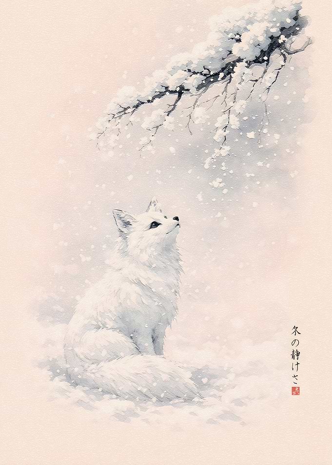 White Fox in Snow Under Cherry Blossoms