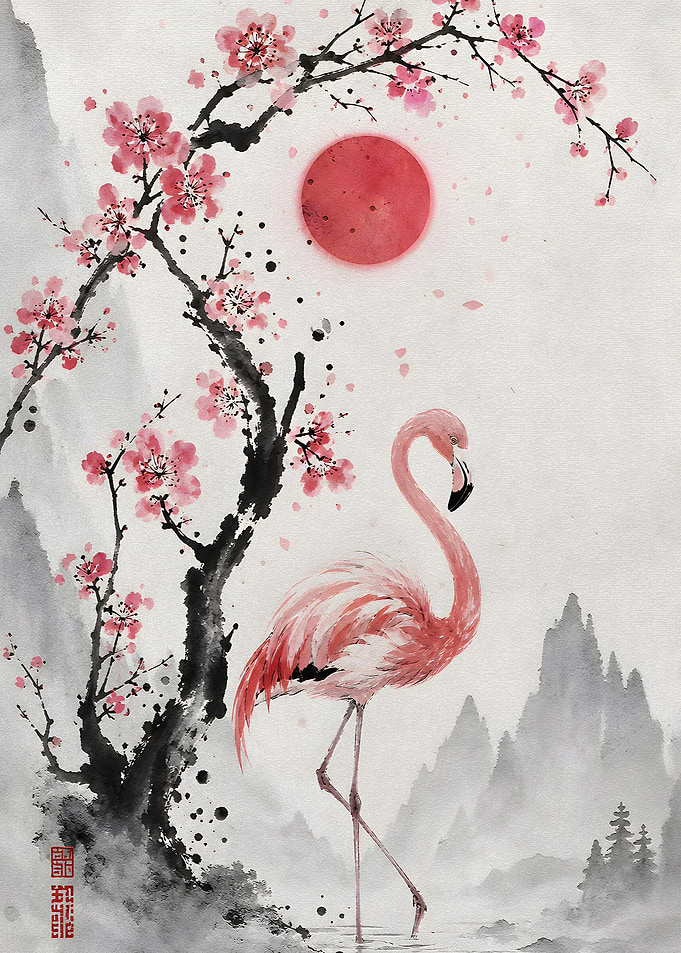 Flamingo and Cherry Blossoms