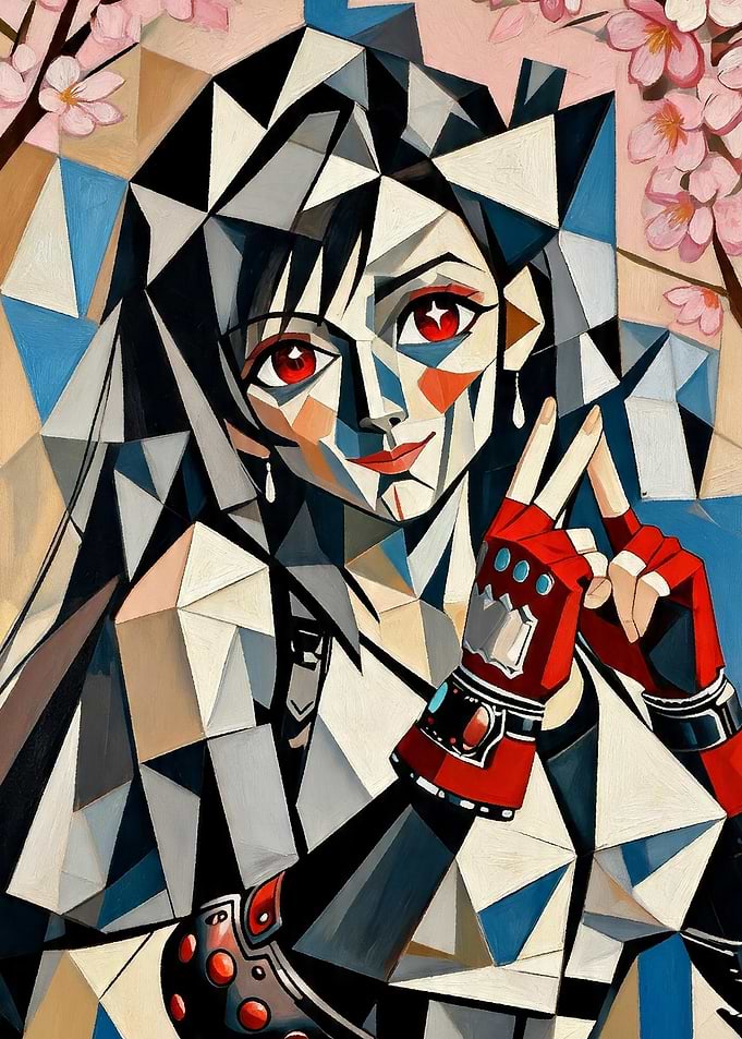 Cubist Anime Portrait with Cherry Blossoms