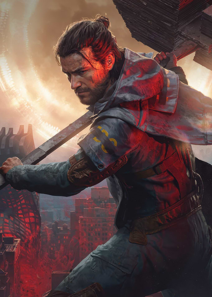 Man with Sword in Sci-Fi City