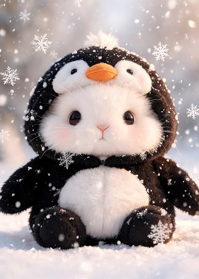 Cute Bunny in Penguin Costume in Snow