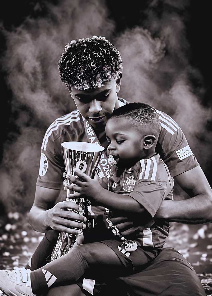 Lamine Yamal with Child and Trophy