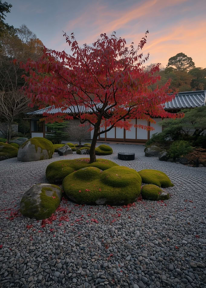 Autumn Japanese Garden with Red Maple Tree