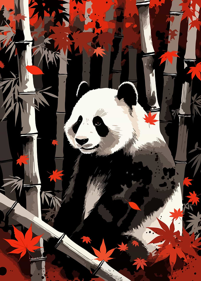Panda in Bamboo Forest with Red Leaves Art