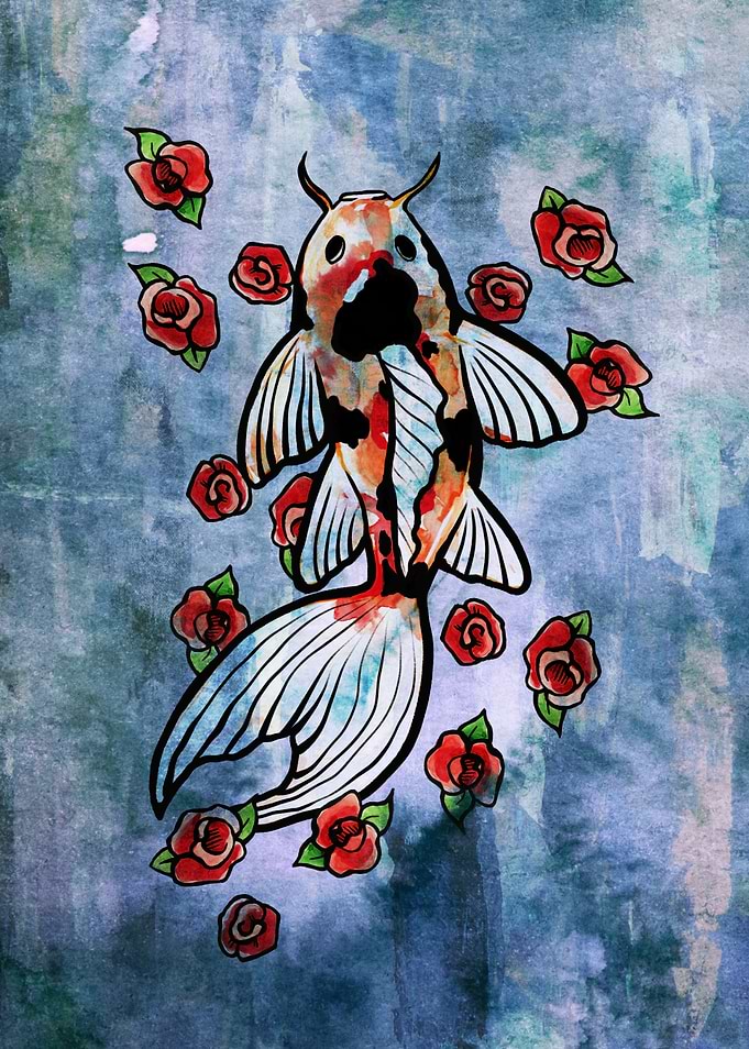 Koi Fish and Roses Watercolor Art