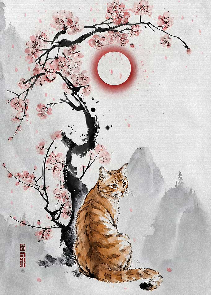 Cat Under Cherry Blossoms