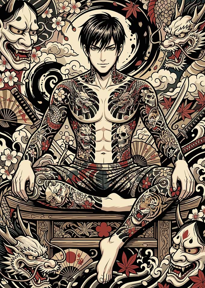 Tattooed Man with Dragons and Oni Masks