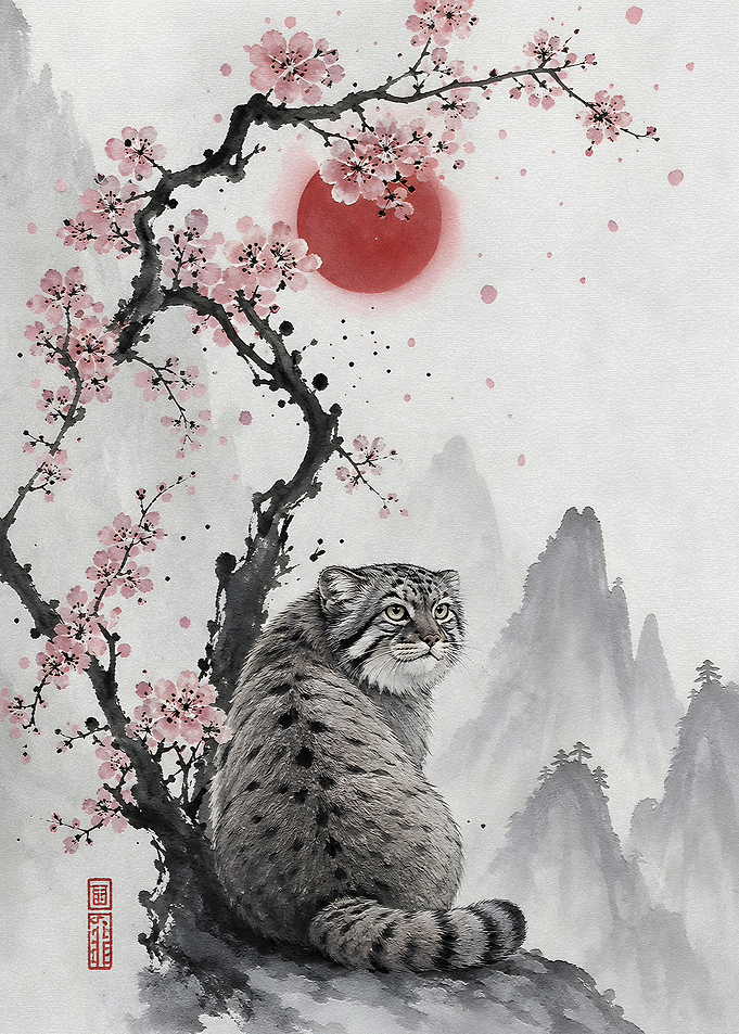 Pallas's Cat Under Cherry Blossoms