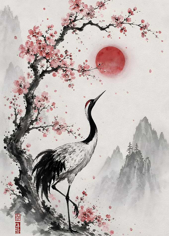Crane and Cherry Blossoms
