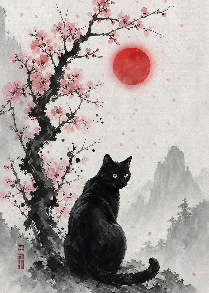Black Cat Under Cherry Blossoms
