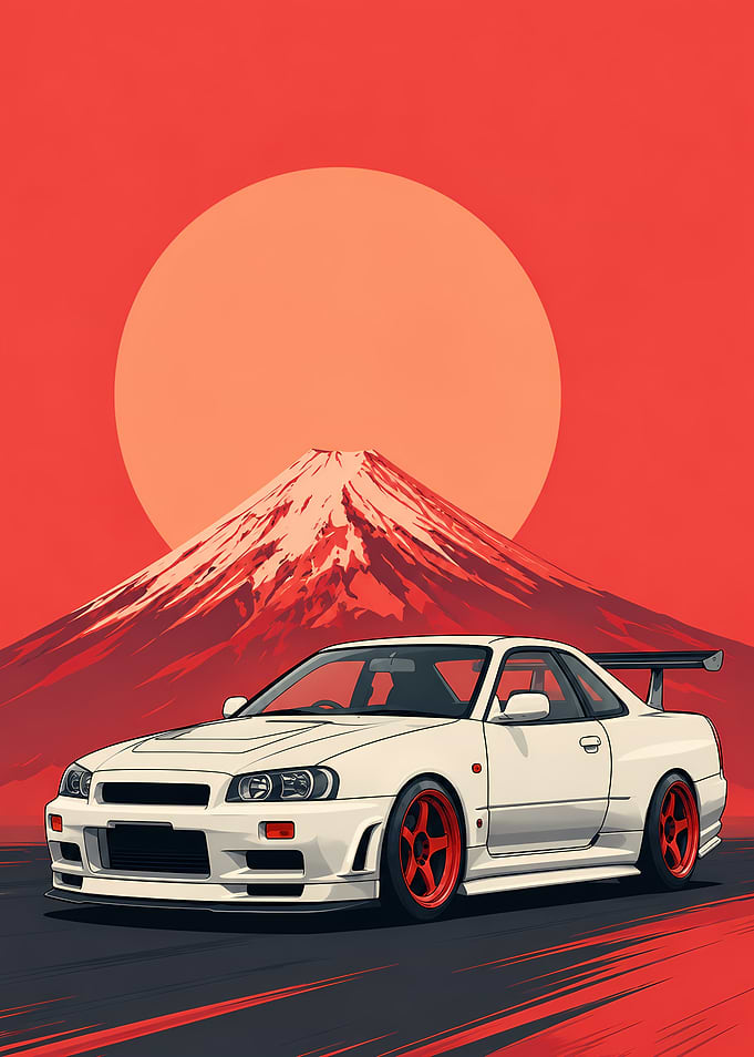 White Sports Car with Mount Fuji