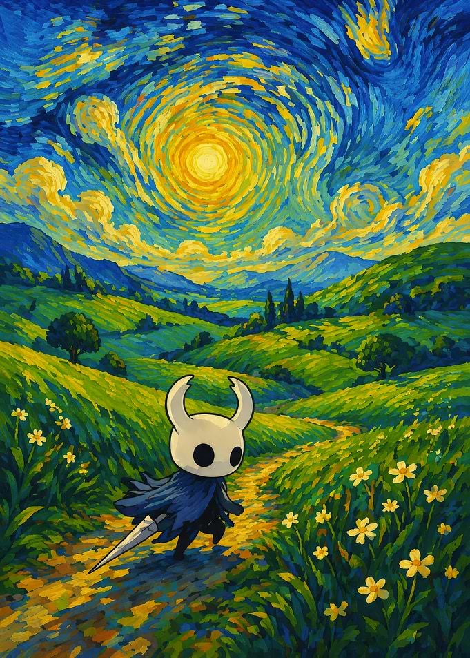 Hollow Knight in Starry Night Landscape