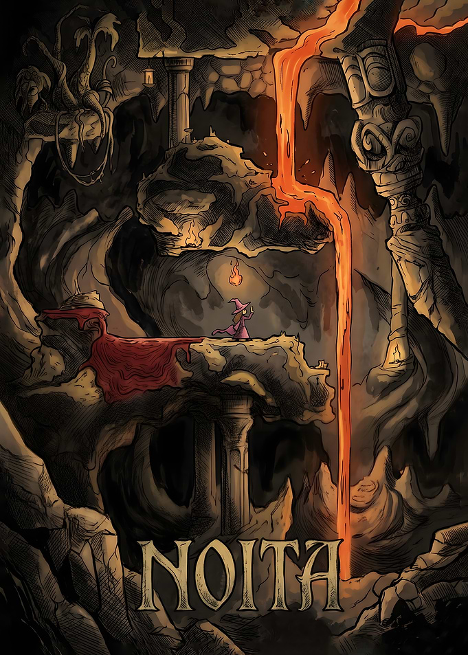 Noita Game Art with Wizard and Lava