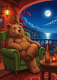 Bear Relaxing on Balcony at Night