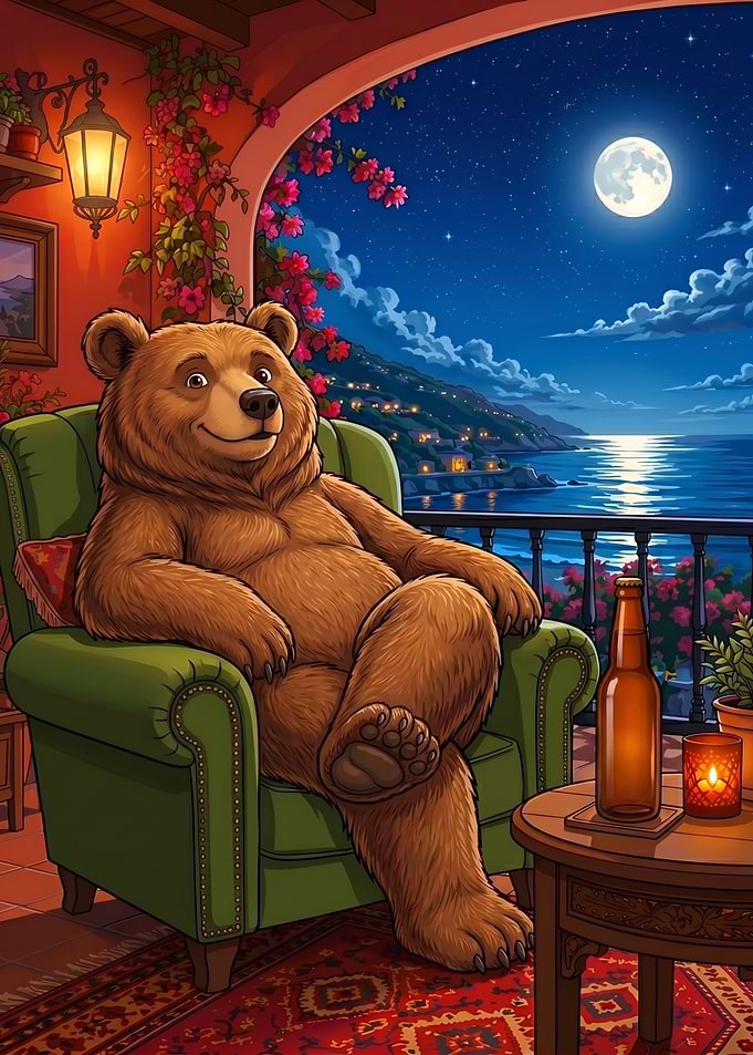 Bear Relaxing on Balcony at Night