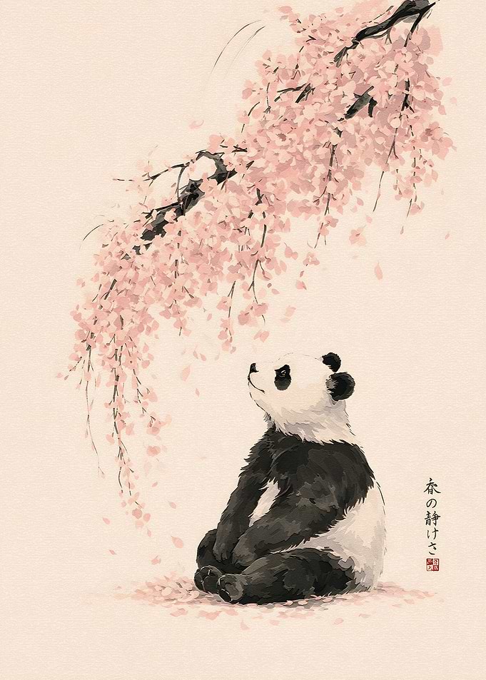 Panda Under Cherry Blossoms