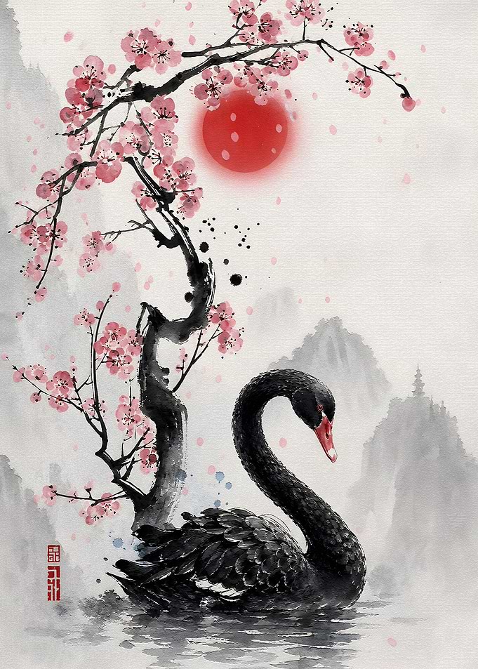 Black Swan Under Cherry Blossoms