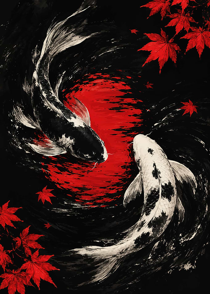Yin Yang Koi Fish and Maple Leaves