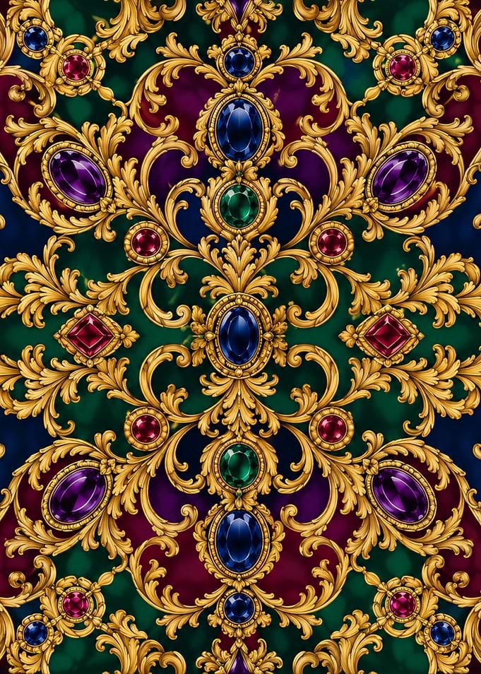 80s Silk Scarf Baroque Gold and Gemstone Pattern