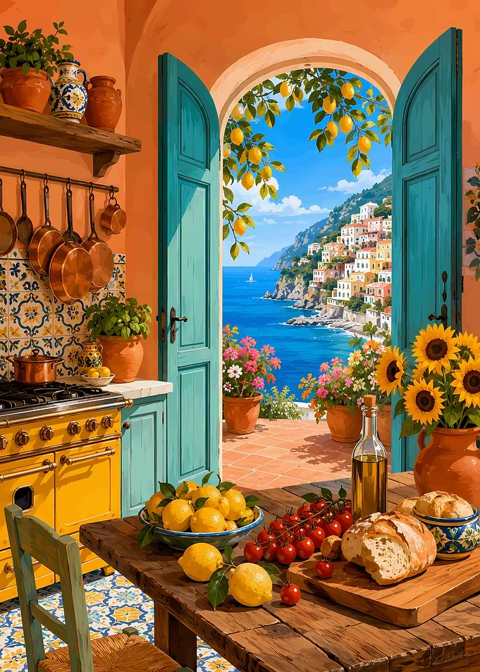 Italian Kitchen with Mediterranean Coastal View
