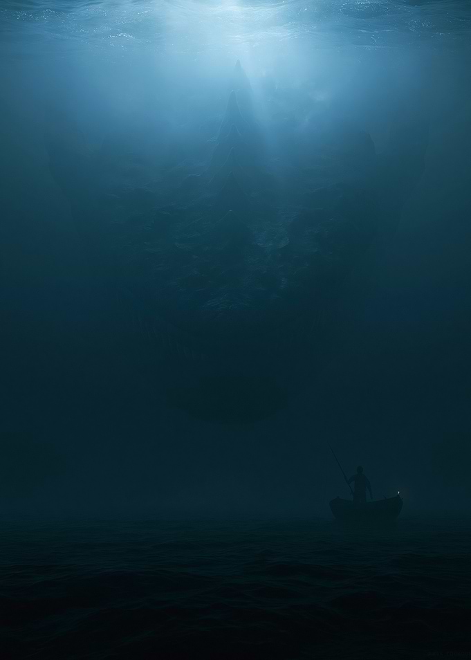 Lone Boat Under Deep Blue Sea