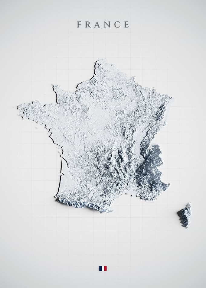 France Topographic Map - Light Shaded Relief, 3D Elevation Poster
