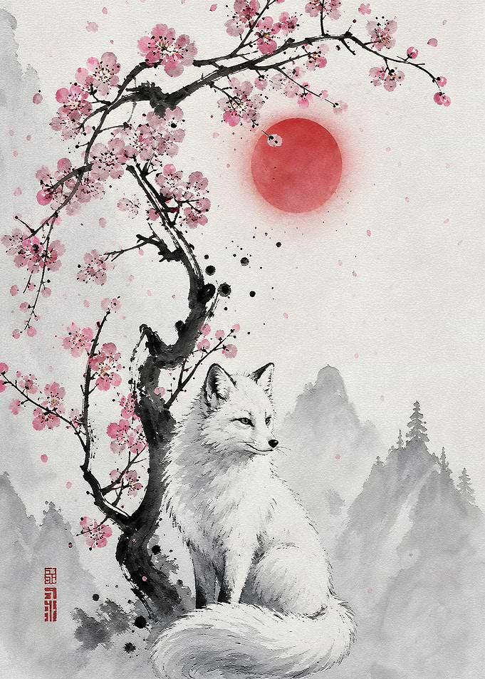 White Fox Under Cherry Blossoms