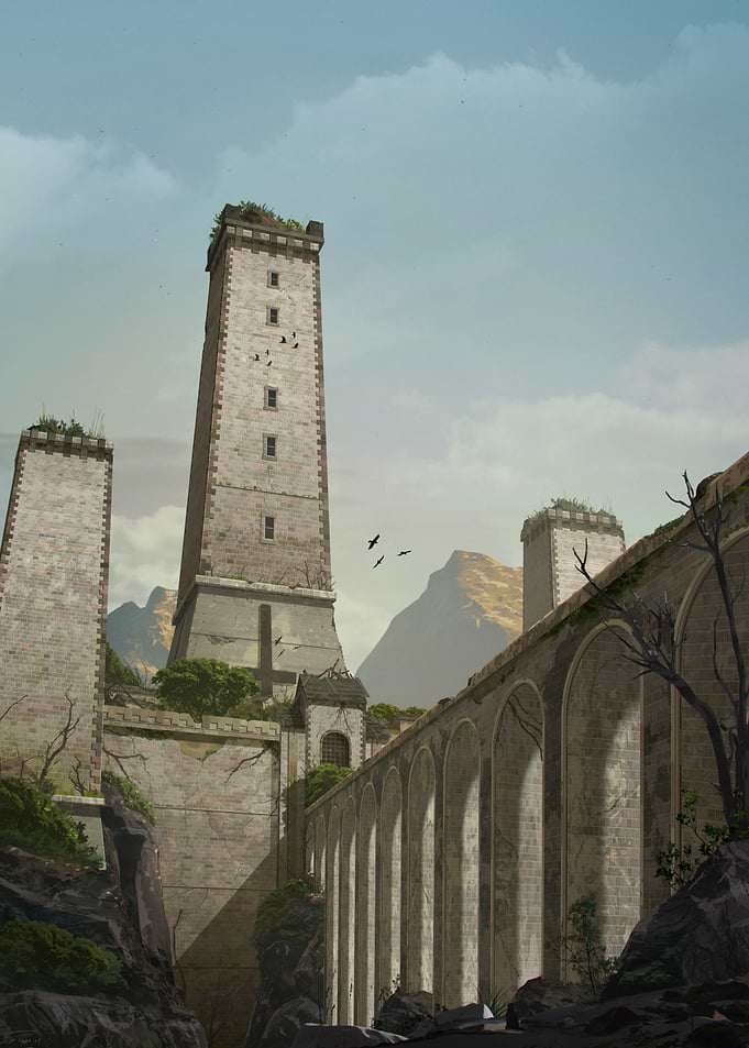 Ancient stone towers and aqueduct
