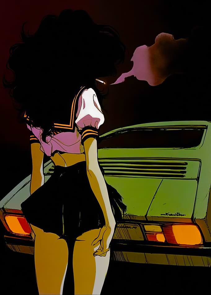 Anime Girl Smoking by a Car