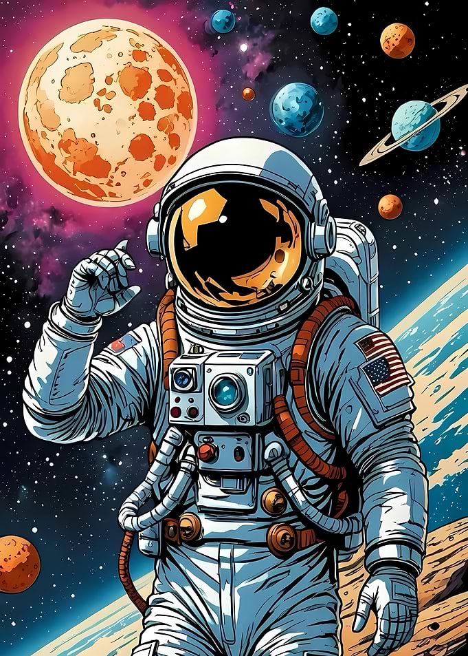 Astronaut in Space with Planets
